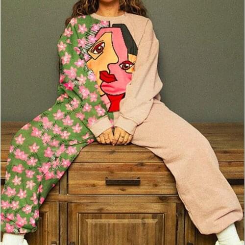 Abstract Face Print Two Piece Outfits for Women Oversized Crewneck Sweatshirt Loose Vintage Long Sleeve Pants Thin Clothes
