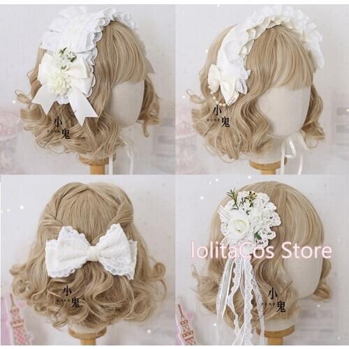Flower Wedding Cosplay White Lolita Princess Hair Clip Headband Hair Accessories Sweet Girl Lace Bow Hairpin Side clip Headdress