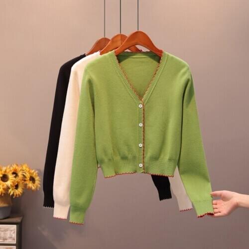 2020 New Knitted Cardigan Women Korean Short Sweater Long Sleeve V Neck Green Black White Loose Casual Spring Autumn Sweater