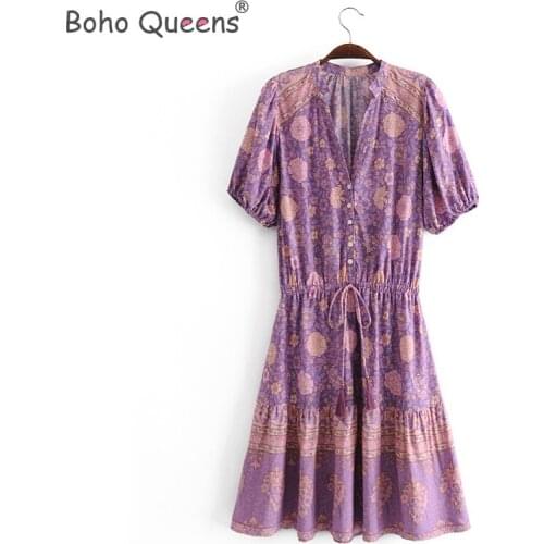 Boho Queens women floral print V-neck sashes Bohemian mini dress ladies sleeve tassel Boho happie dresses vestidos