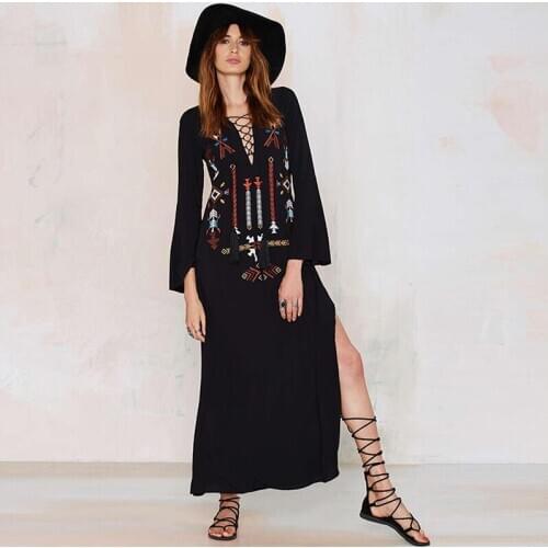 Boho Summer 100% Rayon Floral Embroidered Maxi Dress Women Sashes V-neck Long Sleeve Hippie Split Black Dress Long Vestidos Tide