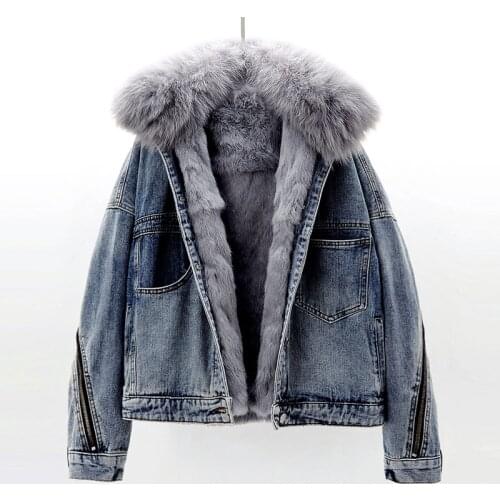 Winter Removable Fox Fur Collar + Rabbit hair Liner Denim Jacket Women Parkas Mujer Loose Thick Black Jeans Jacket Coat Female
