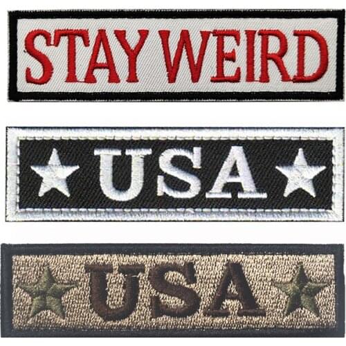 1 Pc English Letters USA Long Strip Embroidery Cloth Stickers STAY WEIRD PATCH Military Tactical Badge Backpack Hat Applique