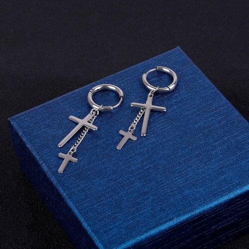 1PC Cross Ear Buckle/Ear Clip Titanium Steel Punk Men Earrings Black/Rhodium Pendant Patterns For Choose Simple Male Ear Buckle