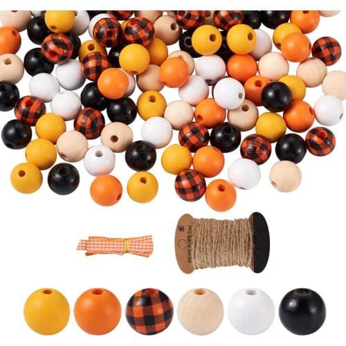 120Pcs Round Natural Printed Wooden Beads With Jute Cord Polyester Ribbons For DIY Bracelet Jewelry Making Set Decoration