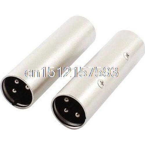2Pcs Silver Tone Metal 3Pin Male to Male XLR Audio Connector Adapter Plug