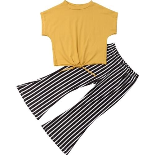 2020 New Fall Autumn 2-7Y Toddler Kids Baby Girls Fashion 2Pcs Set Yellow Bow Short Sleeve Top+Striped Pants Children Outfits