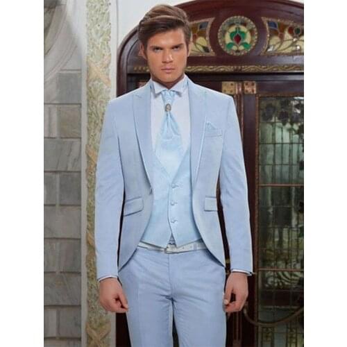 ANNIEBRITNEY Light Blue Men 3 Piece Formal Slim Fit Suit Set Custom Wool Groom Wedding Tuxedo Slim Prom Wedding Business Suit