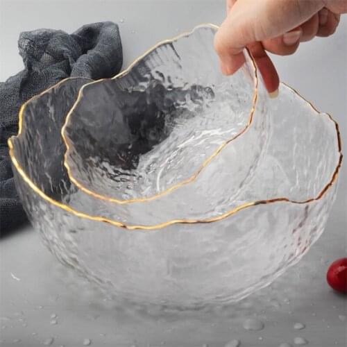 Irregular Gold Inlay Edge Glass Salad Bowl Fruit Rice Serving Bowls Food Storage Container Lunch Bento Box Decoration Tableware