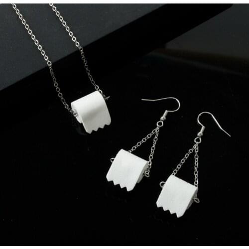 White Toilet Paper Silver Plated Wooden Color Necklace Drop Earrings Dangle Earrings Jewelry Sets for Women