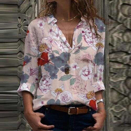 Summer Floral Tops and Blouses for Women Vintage Print Long Sleeve Plus Size Shirt Blouse Autumn Casual Loose Pullover Top