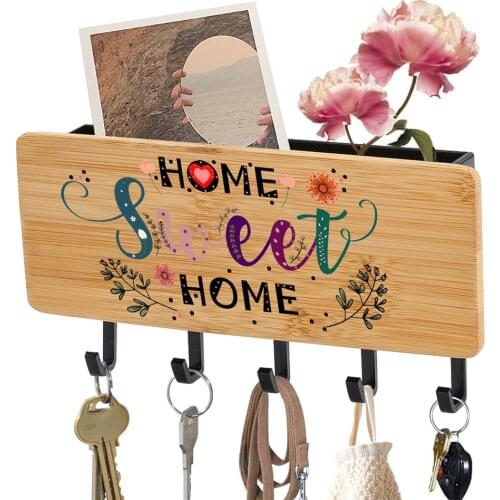 Home Sweet Home Creative Printed Bamboo Key Racks Household Decorative Wall-Hanging Type Wooden Key Hanger Sundries Storage Hook