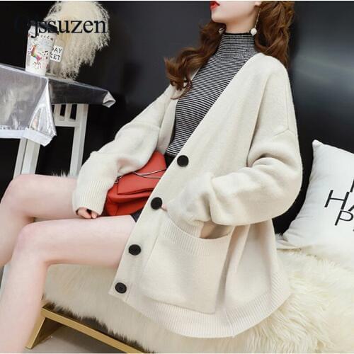 Women Knitted Cardigan Oversized Loose Sweater Coat Ladies Button With Pocket Korean Knitting Outwear Sweaters Female Beige Blue