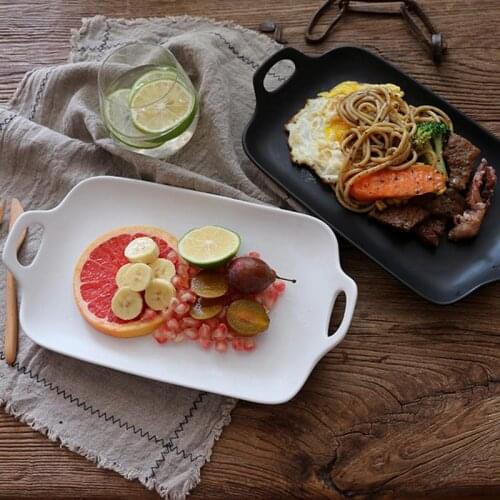 Ceramic Baking Pan Nonstick Cake Plate Simple Ovenware Porcelain Food Serving Tray with Double Handle for Home Decor