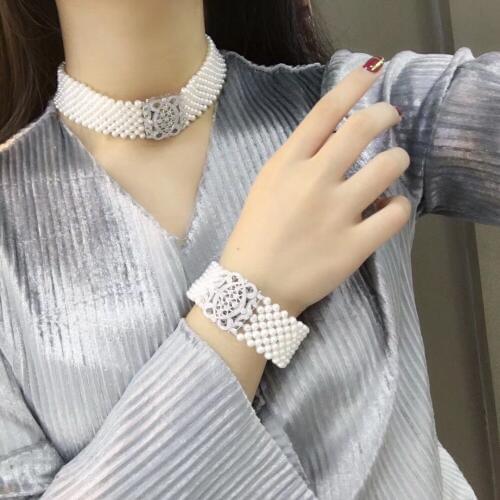 Natural fresh water pearl choker necklace and bracelet jewelry set wedding necklace 925 sterling silver with cubic zircon lock