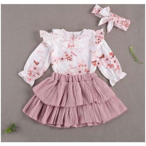 3 Pcs Baby Girls Dress Set Round Neck Long Sleeve Flower Print Falbala Romper Solid Color Pleated Bubble Skirt Bow Headband