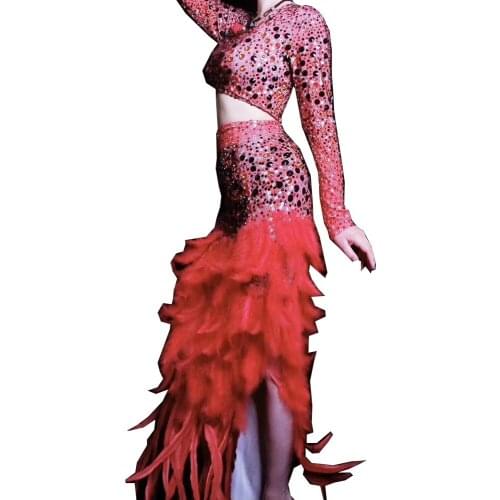Red Feathers Two-Piece Suit Rhinestones Sequins Bodycon Short Shirt Bag Hip Dress Asymmetrical Theatrical Costume Party Evening