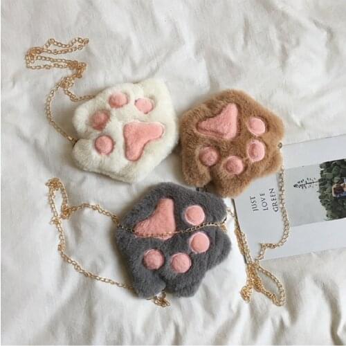 Cute Bear Paw Shape Faux Fur Crossbody Chain Purse Women Girls Kawaii Fluffy Shoulder Sling Bag Cartoon Plush Phone Pouch