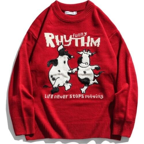 Cute Harajuku Oversized Knit Cartoon Cow Sweater for Men and Women Embroidered Graphic Crewneck Pullover Jumper