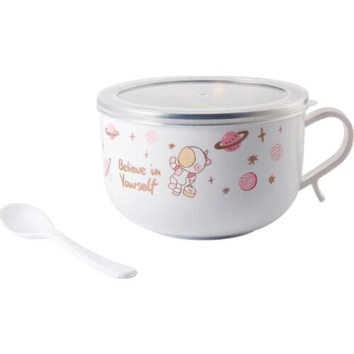 M17D Stainless Steel Instant Noodle Bowl Lunch Box with Handle Lid Spoon Home Utensil