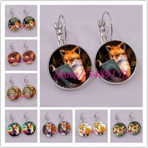 New Cute Fox Stud Earrings Fashion Jewelry Trendy Colorful Fox and Plant Glass Cabochon French Earring