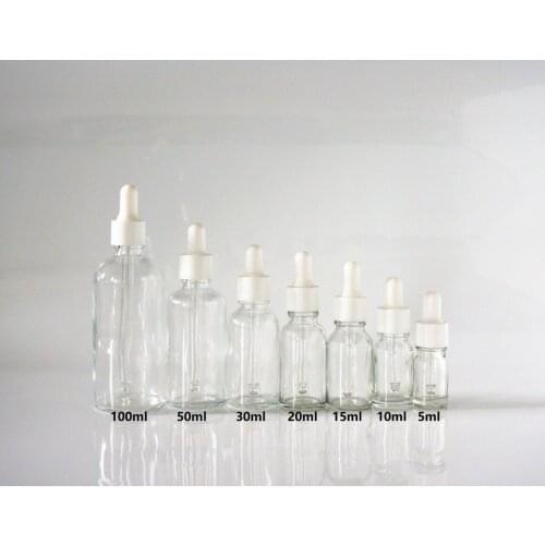 5/10/15/20/30/50/100ml Clear Reusable Essential Oil Bottle with Rubber Head Dropper Cap Plastic White Cover Glass Containers