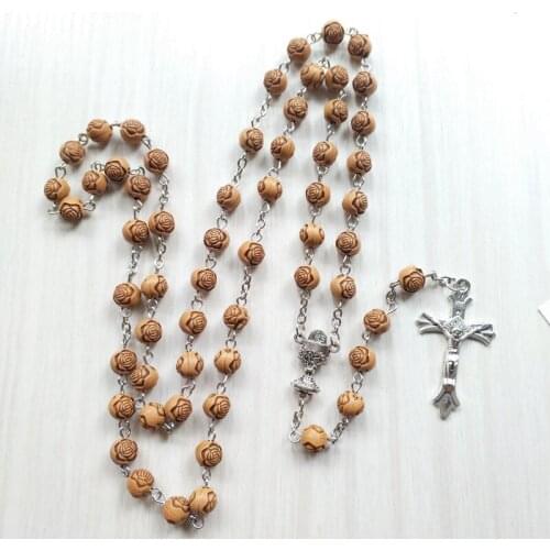 QIGO Brown Acrylic Rose Rosary Necklace Jesus Cross Pendant Necklace Religious Jewelry