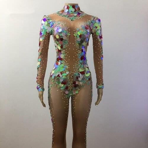 Multicolor Sequins Rhinestones Mermaid Design Women Jumpsuit Nightclub Singer Dancer Celebrate Stretch Clothes Rompers Costumes
