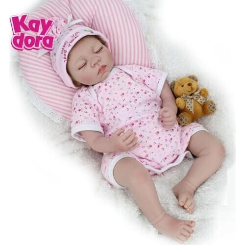 Sleeping Realistic Baby Doll 22" Soft Silicone Reborn Baby Dolls Fashion Toy Closed Eyes With Bear and Pillow Gift