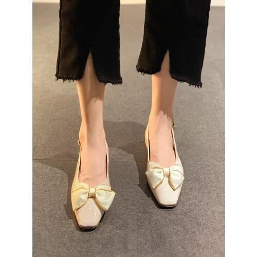 Womens Shoes Sandals 2021 New Spring Square Toe Fashion Bow Flashing Diamond Thick Heel Non-slip Roman Shoes