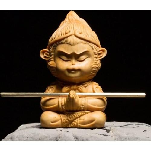Boxwood Carving Solid Wood Statue Crafts Buddha Statue The Monkey King Cartoon Sculpture Home Decor