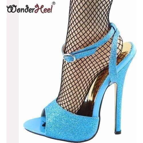 Wonderheel summer Extreme high heel 16cm stiletto heel Sexy High Heel peep toe bukles strap Glitter fashion hot women sandals