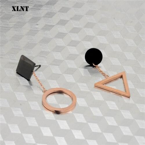 XLNT 2019 New Charm Fashion Black Asymmetry Geometric Stud Earrings Stainless Steel Rose Gold Earrings Women Party Jewelry