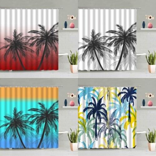 Palm Tree Shower Curtain Watercolor Plants Sky Scenery Color Pattern Bathroom Bathtub Decor Screen Washable Hanging Curtains