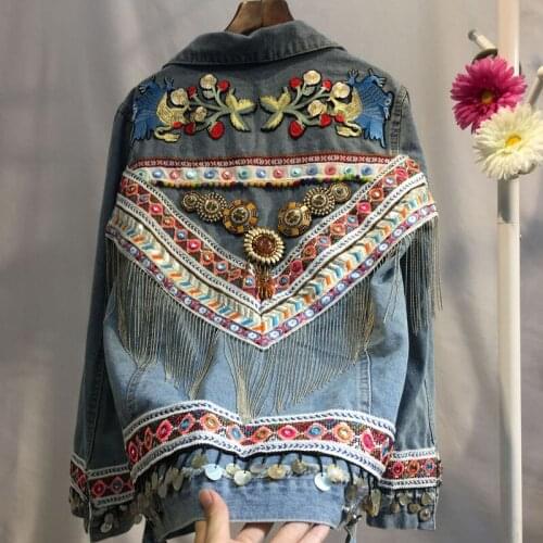 Spring and Autumn Women Denim Jacket Tassel Embroidered Fashion Jeans Long Sleeve Outerwear Jacket Women Y728