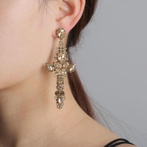 Fashion Red Clear Crystal Cross Earrings Women Luxury Vintage Statement Long ZA Earrings Jewelry Female Big Dangle Earring 2020