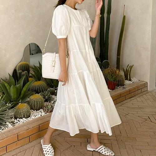 Jastie Women Summer Light Dresses 2021 White Round Neck Puff Sleeve Single-Breasted Midi Dress Bohemian Beach Party Casual Dress