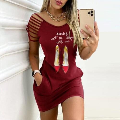 Summer Women Letter Red High heels Print Personality Sexy Mini Dress Shoulder Hollow High Heels Ribbons Dress Sexy Mini Dress