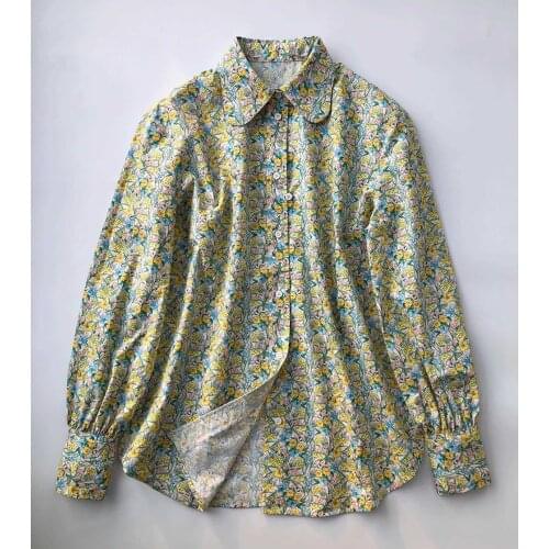 2021 Ladies Spring & Summer 100% Cotton Florals Printed Long Sleeve Lapel Blouse Shirt Top