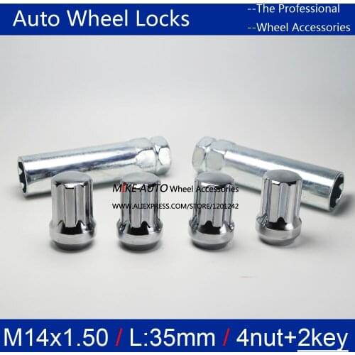 4NUTS+2KEYS M14x1.5 Chrome Wheel Locks Nut Anti-sheft set security system For Wheels / RIMS