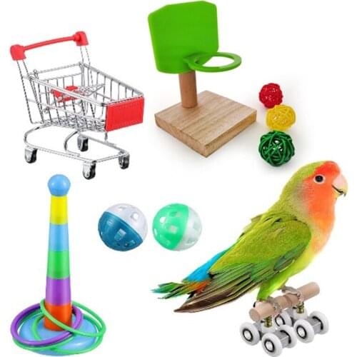 6Pcs Bird Intelligence Training Toy Parrot Mini Shopping Cart Roller Skate Stacking Ring Toys Bell Ball Bird Trick Tabletop Toys