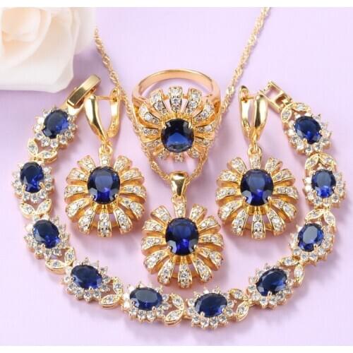 African Bridal Accessories Big Jewelry Sets Gold-Color Blue Cubic Zircon Flower Shape Bracelet And Ring Sets For Women Gift