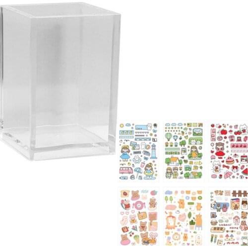 Acrylic Clear Pen Holder Storage Container Desktop Pencil Holder With Stickers Makeup Brush Eyebrow Pencil Holder Organizer Box