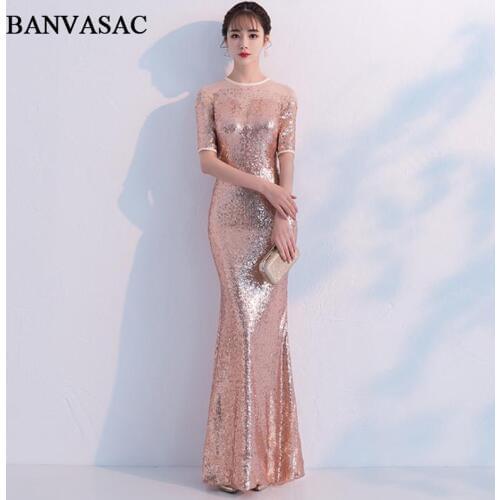 BANVASAC 2019 Crystal O Neck Sequined Mermaid Long Evening Dresses Elegant Party Illusion Zipper Back Prom Gowns