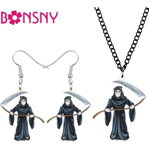Bonsny Acrylic Halloween Black Grim Reaper Jewelry Sets Realistic Long Necklace Earrings For Women Girls Party Gift Accessories