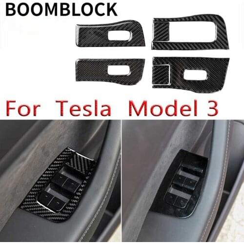 BOOMBLOCK Car Door Handle Armrest Window Lift Button Frame Cover sticker For Tesla model 3 2017-2020 ABS carbon fiber Decoration