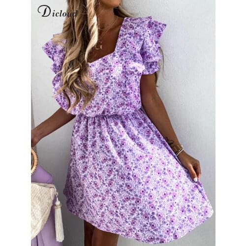 DICLOUD Boho Floral Summer Dress 2021 Elegant Lilac Light Beach Short Sundress Sexy V Neck Ruffle Print Party Clothing Female