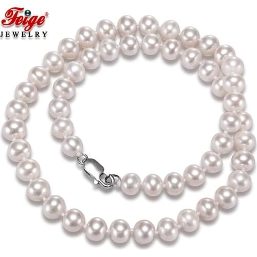 Fine Jewelry 925 Silver Hook 8-9mm Natural Freshwater Pearl Choker Necklace for Womens Trendy Wedding Jewelry Gifts FEIGE