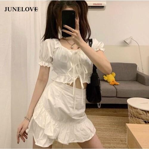 JuneLove Summer White Elegant Skirt Suits Women Korean Sweet Chic Bandage O-neck Casual Puff Sleeve Suit Party Blouse Sets 2021