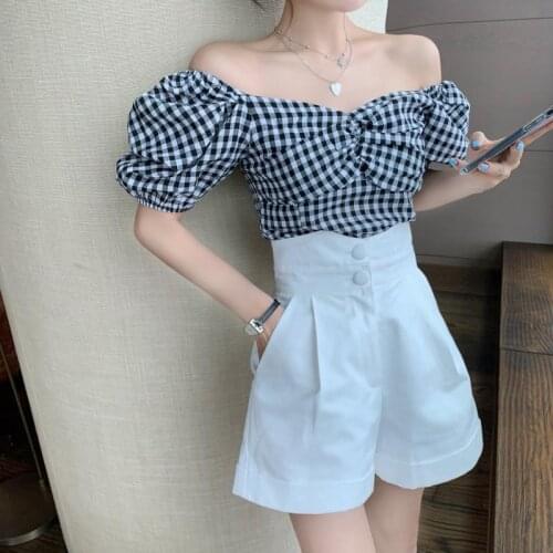 Summer 2020 New Womens Hepburn Wind Shorts One-piece Shoulder Plaid Top and White High-waisted Shorts Two-piece Suit.set Women